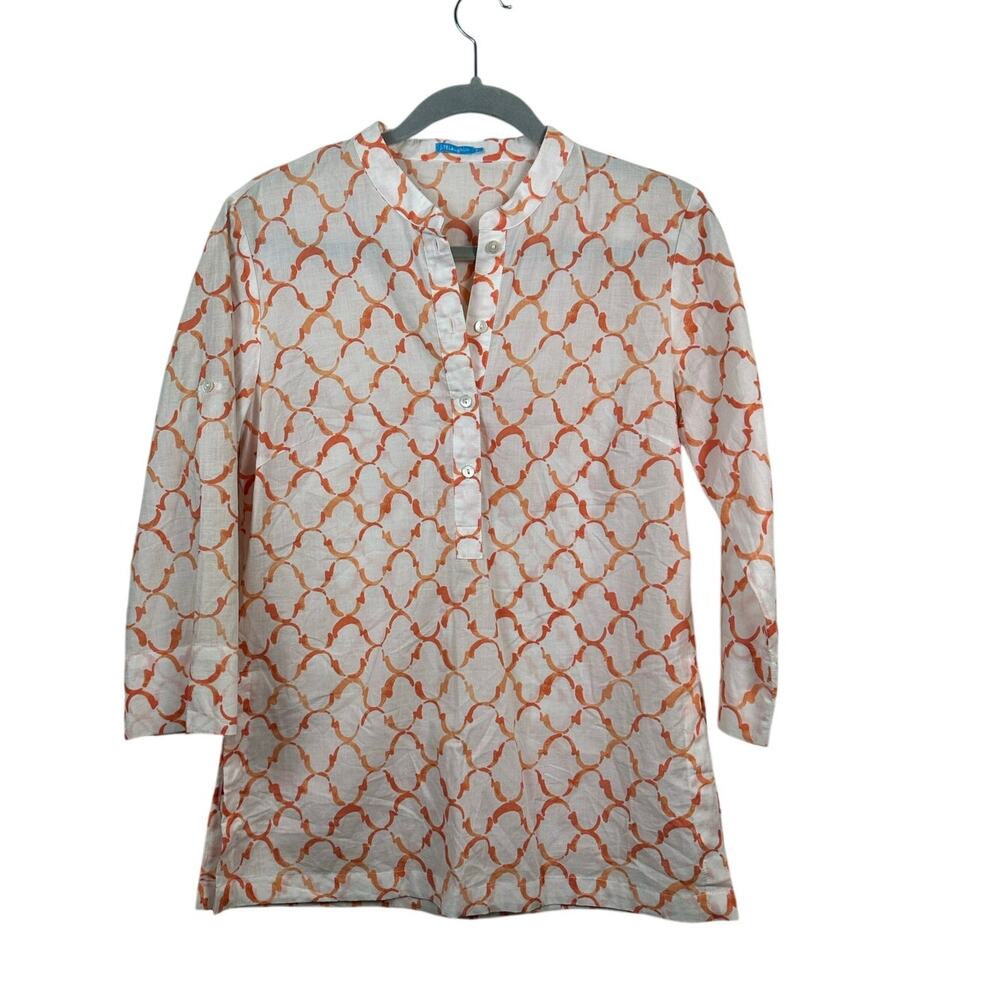 J. McLaughlin Tunic Blouse Women S Orange Geometric Excellent Roll Sleeve 1823